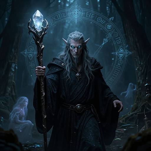 Photograph-style digital art of a blue-eyed, silver-haired elf wizard with pointed ears holding a glowing crystal staff in a dark, mystical forest, surrounded