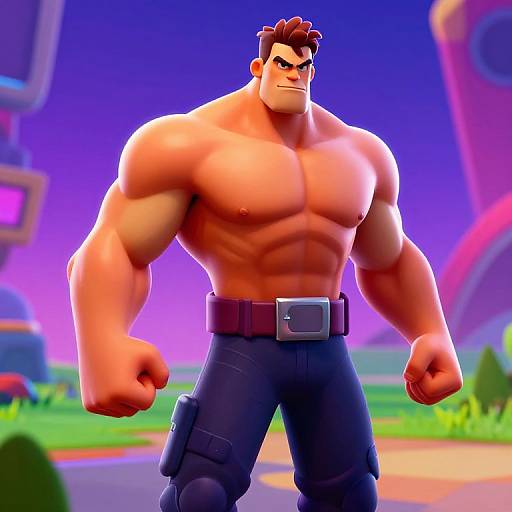 Digital cartoon of a muscular, shirtless man with a stern expression, wearing black pants with a belt, standing in a vibrant, colorful outdoor setting.