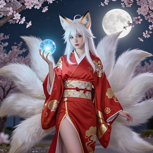 Elegant Fox-Eared Woman Under Moonlight