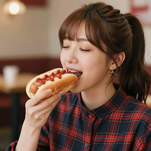 Joyful Asian Woman Enjoying a Hotdog