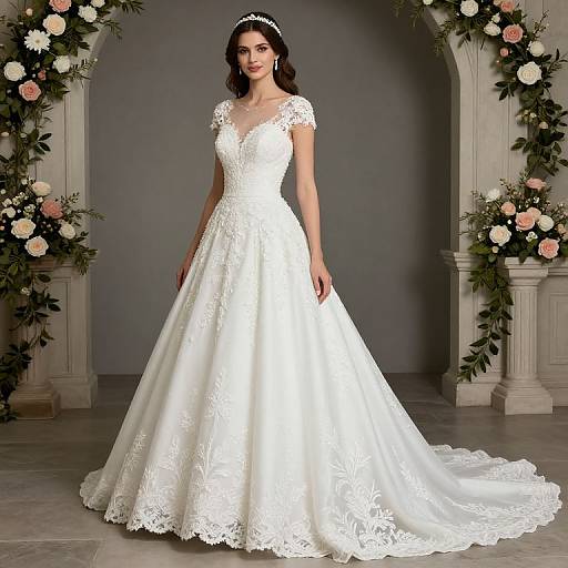 Photograph of a beautiful brunette bride in a white lace wedding gown with cap sleeves and a long train, standing in an elegant floral archway.