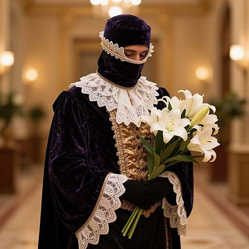 Photograph of a man in black, lace-trimmed, medieval-style robe and head covering, holding a bouquet of white lilies, standing in