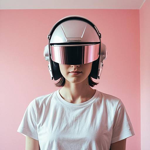 Androgynous Person Wearing Chrome Helmet in Pink Room