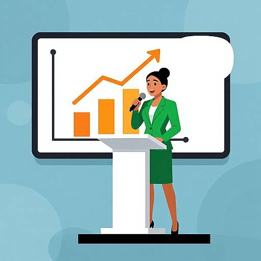 Illustration of a confident woman in a green suit, black heels, and black bun, standing at a podium, presenting a bar and line graph on