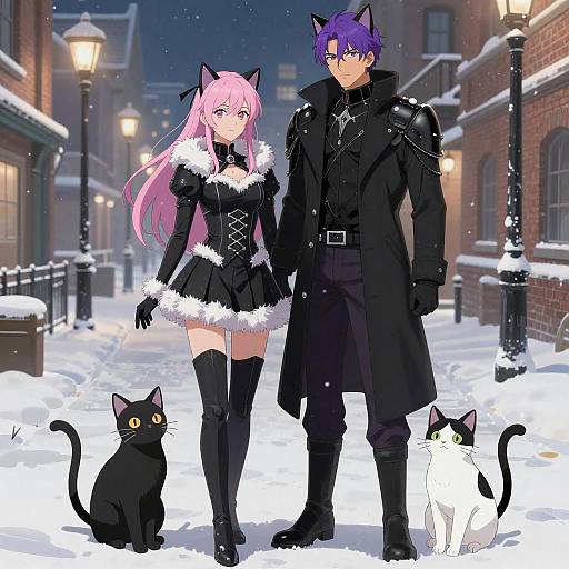 Anime Couple in Winter Night with Cats