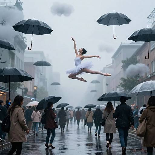 Photograph of a ballerina in a white tutu leaping mid-air amid floating black umbrellas on a rainy street, surrounded by pedestrians in