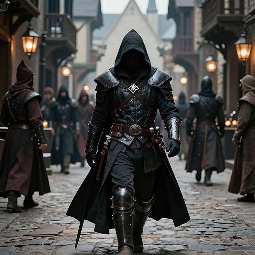 Photograph of a hooded, armored figure in a cobblestone medieval alley, surrounded by shadowy, cloaked figures under glowing lanterns.