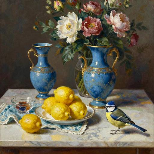 Ornate Blue Vases and Lemons Still Life