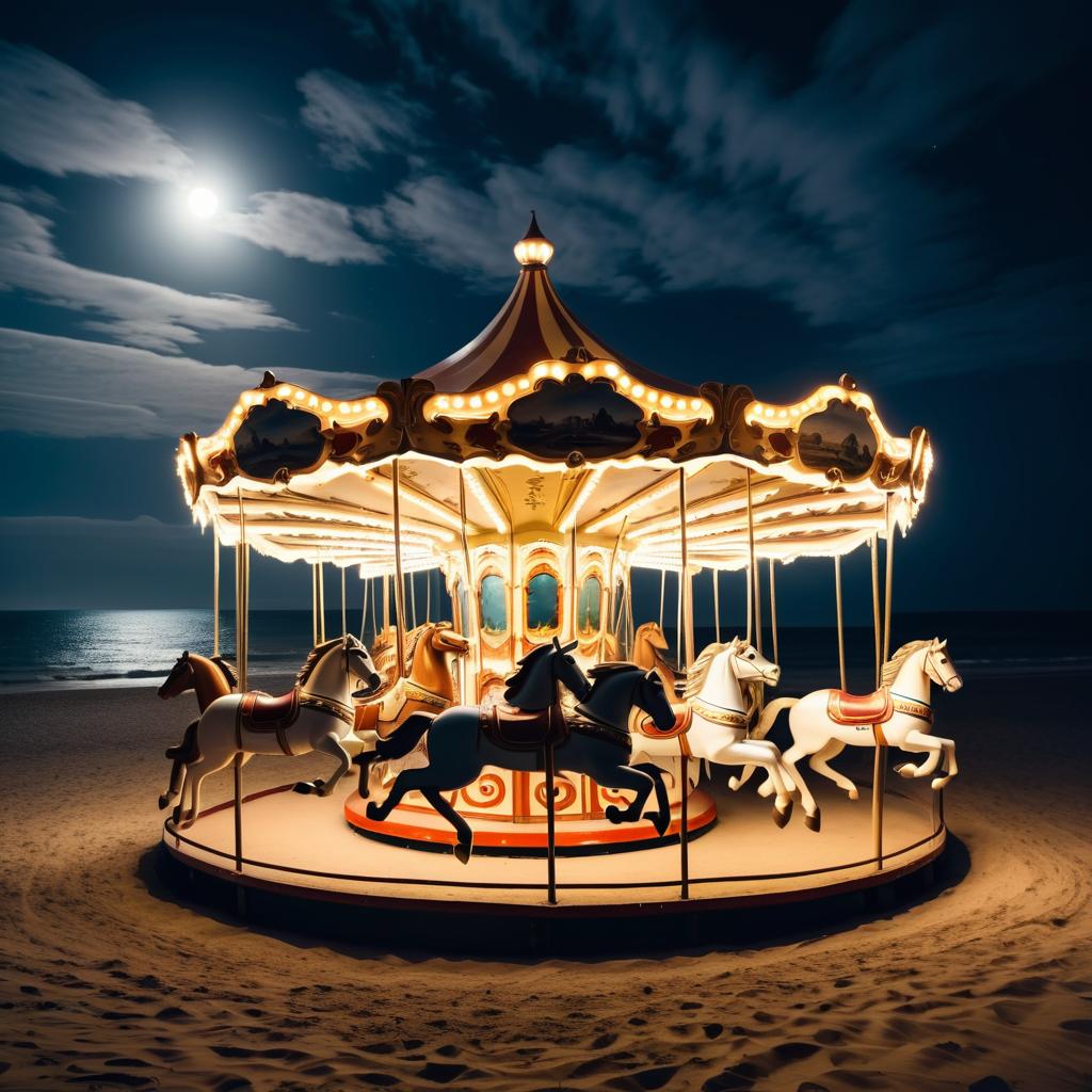 Nostalgic Vintage Carousel at Moonlit Beach