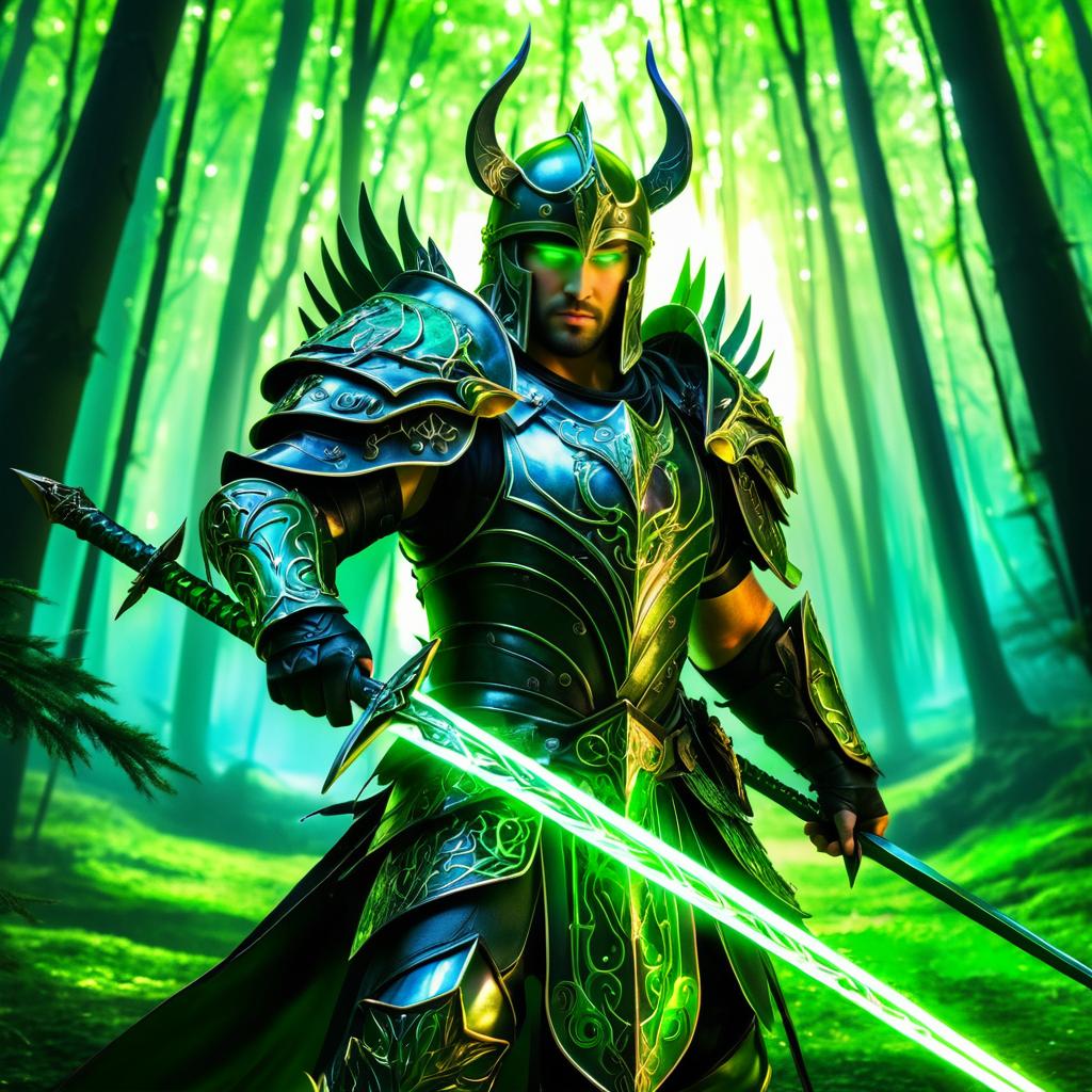 Epic Dark Fantasy Warrior in Vibrant Forest