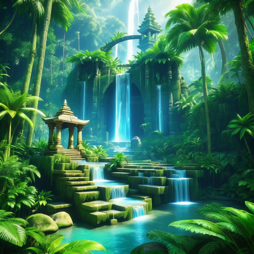 Mystical Waterfall Shrine in Serene Jungle