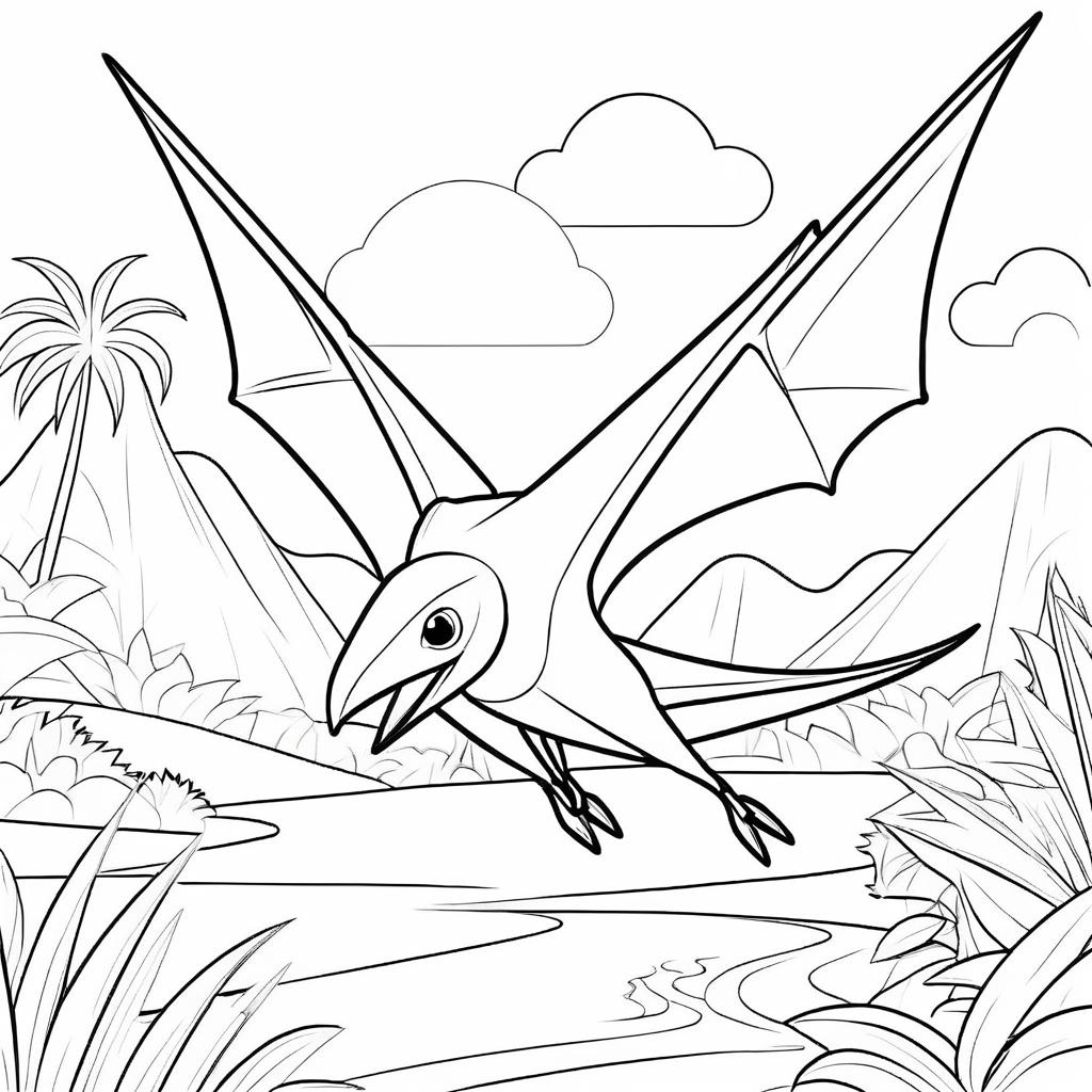 Cute Pterodactyl Coloring Book Illustration