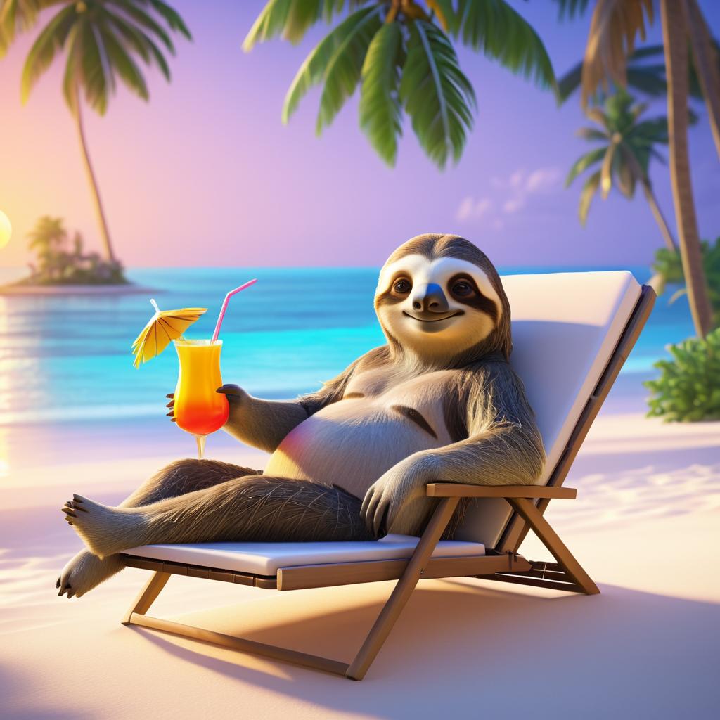 Happy Sloth Relaxing at Tropical Beach