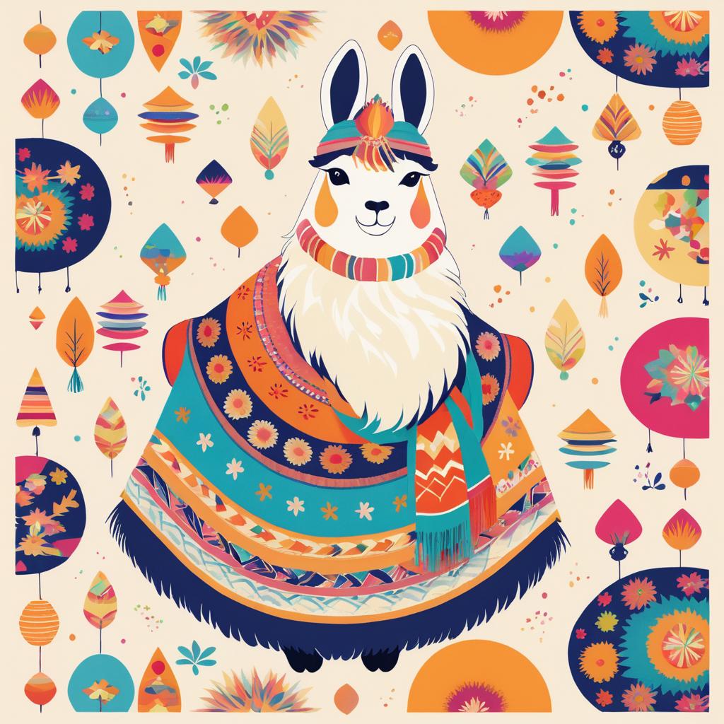 Whimsical Llama Illustration with Textiles