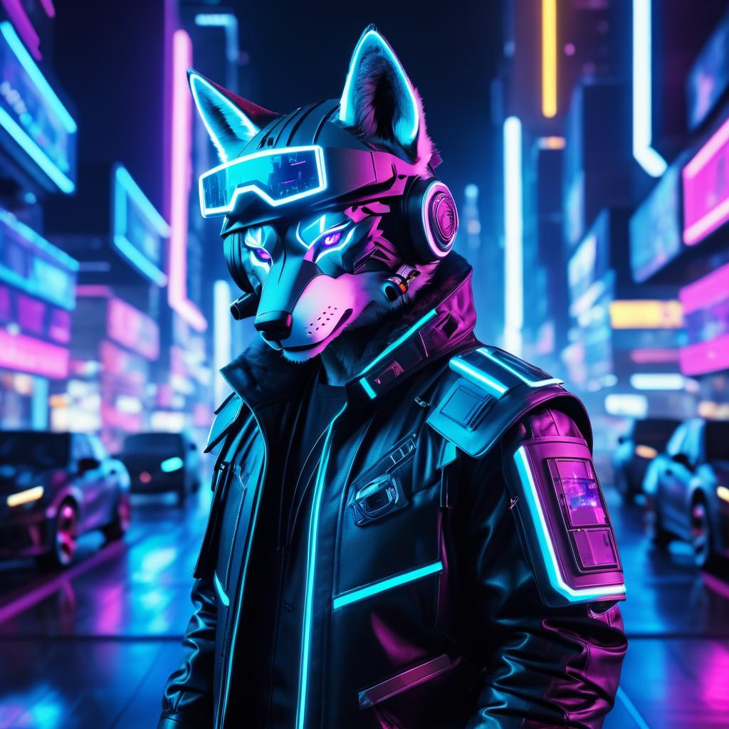 Anthropomorphic Wolf in Cyberpunk City