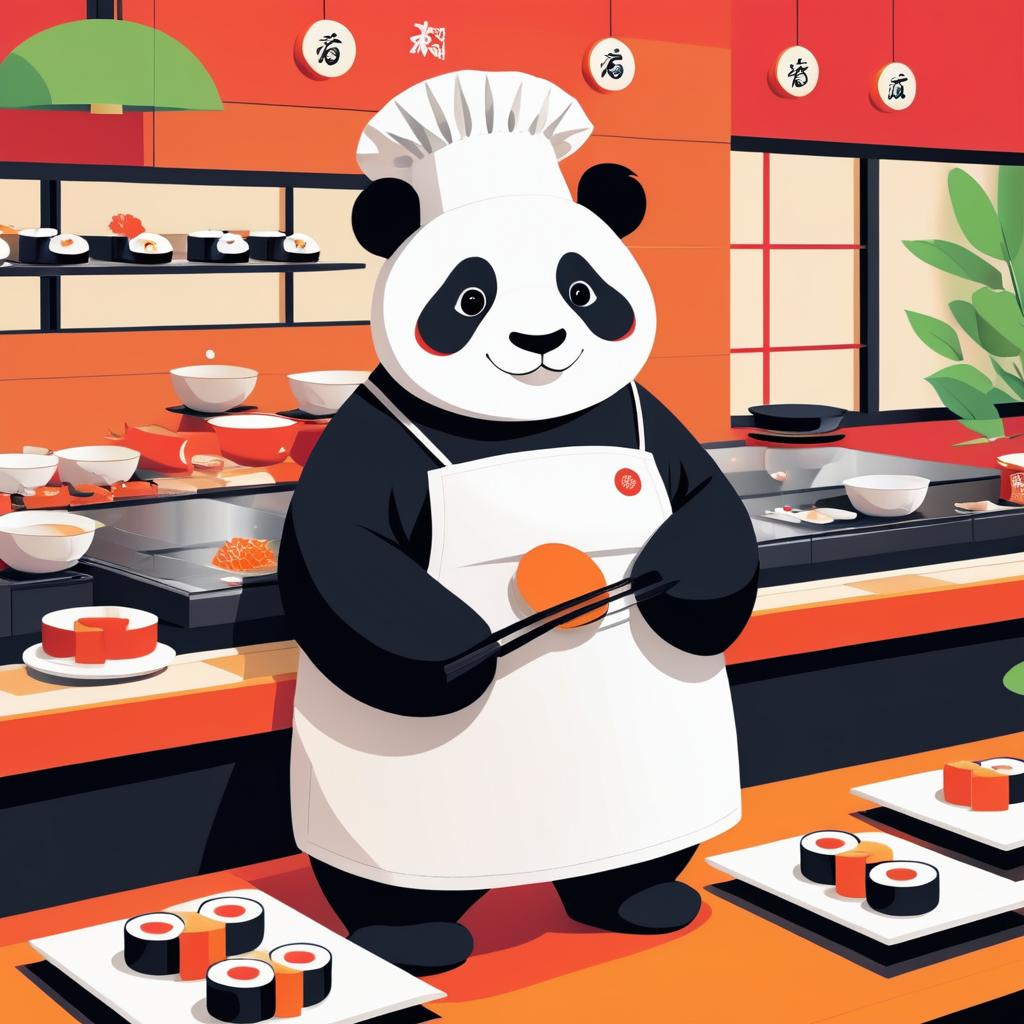 Panda Chef Rolling Sushi in Restaurant