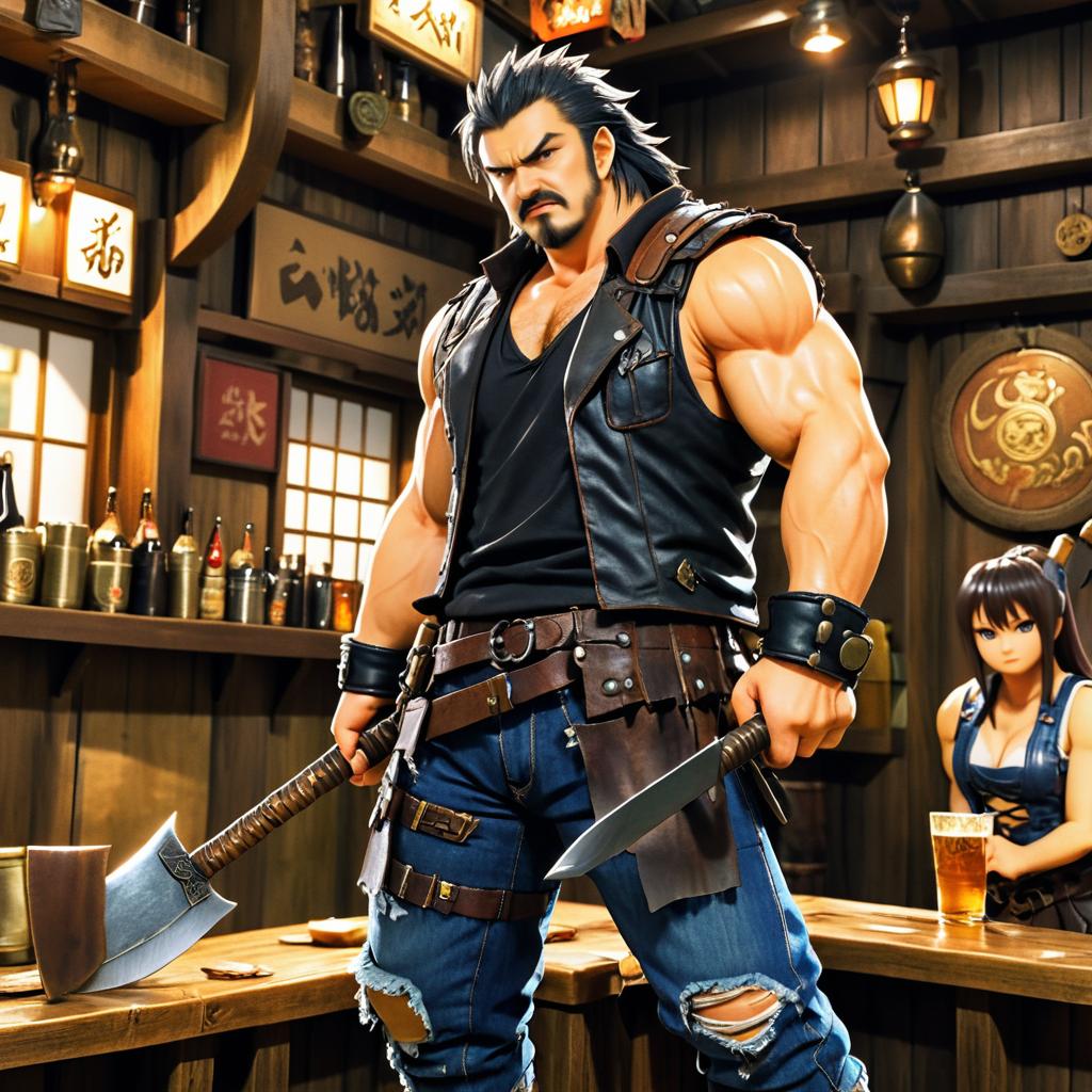 Grumpy Warrior in a Rowdy Tavern Scene