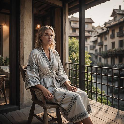 Woman in Bathrobe on Rustic Balcony