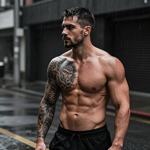 Photograph of a muscular, shirtless man with a tiger tattoo on his right arm, standing in rainy urban street, wearing black pants. Raindrops