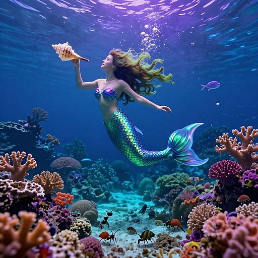 Photograph of a mermaid with green-scale tail, blue top, and flowing hair, holding a shell, amidst vibrant underwater coral reef.