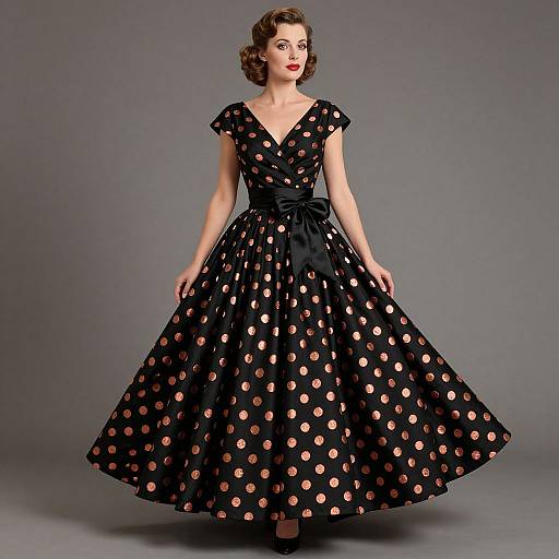 Photograph of a fair-skinned, red-lipped woman with curled brown hair wearing a black, polka-dotted, vintage-style dress with a
