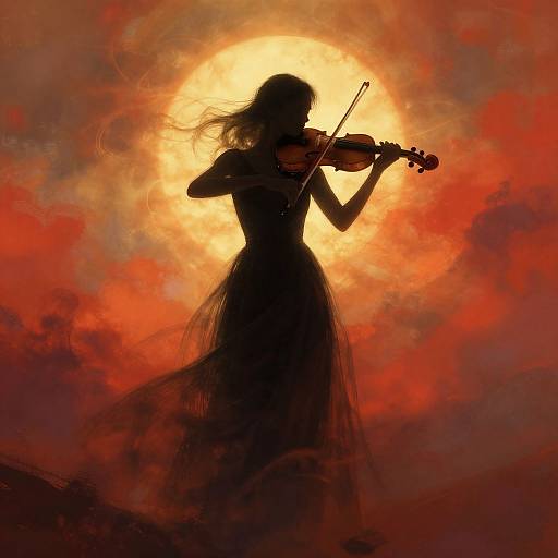 Silhouetted woman playing violin against a fiery, sun-like backdrop with swirling red and orange clouds, creating a dramatic, ethereal effect. Digital