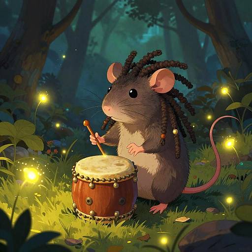Digital illustration of a mouse with dreadlocks playing a small drum in a magical forest, surrounded by glowing fireflies.