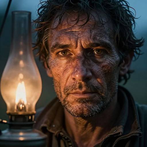 Close-up photograph of a rugged, weathered man with curly hair, shadowed face, and intense expression, illuminated by a glowing oil lamp.