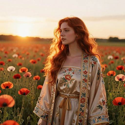 Photograph of a red-haired woman in a floral embroidered silk robe, standing in a sunlit poppy field at sunset.