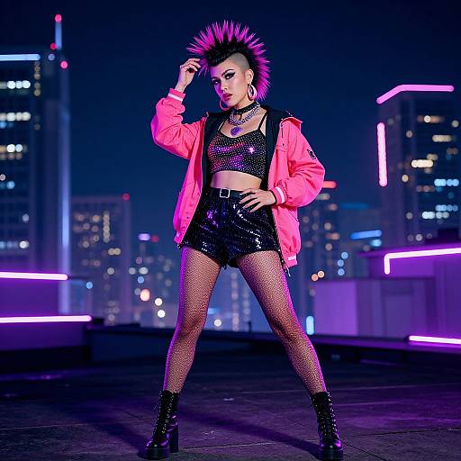 Photograph of a punk woman with a pink mohawk, neon pink jacket, black mesh top, high-waisted shorts, fishnet stockings,