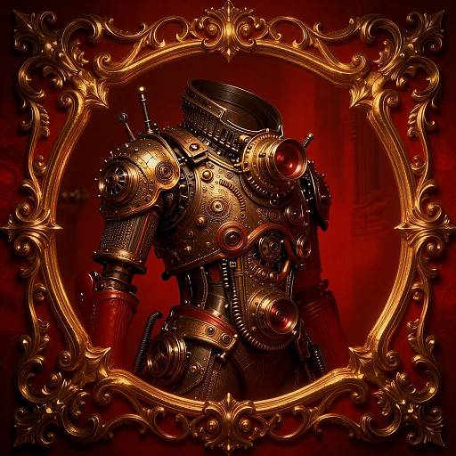 Steampunk robot in detailed golden frame, with intricate gears and red accents, set against a rich red background. Digital art.