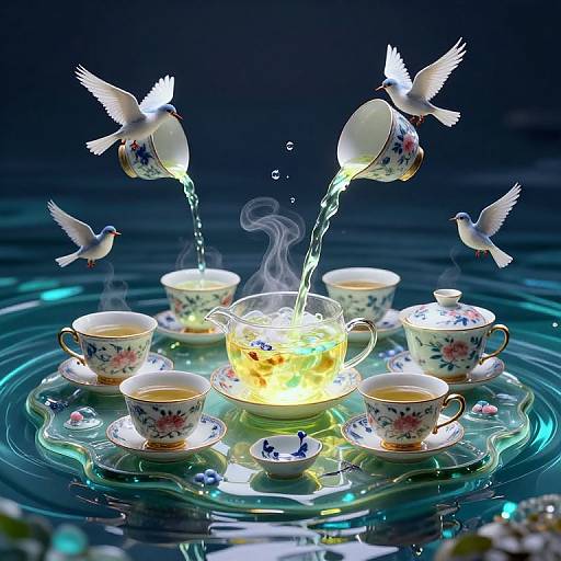 Surreal Floating Tea Party Above Glass Ocean