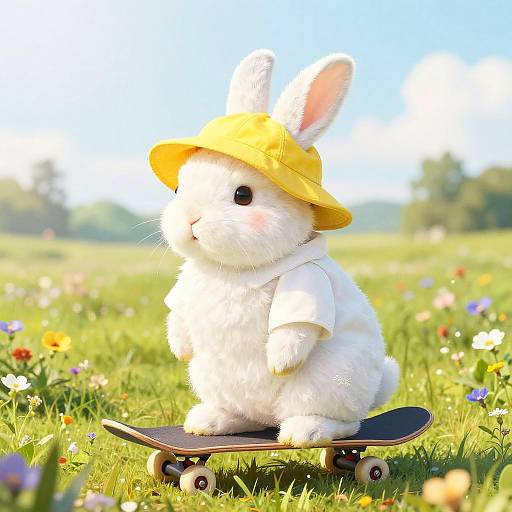 Clothed Rabbit Skateboarding in Meadow