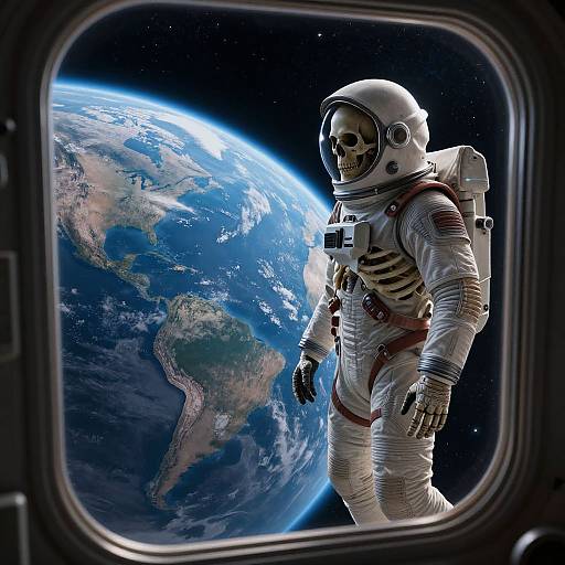 Photograph-like CGI of an astronaut in a white spacesuit with a helmet, floating near a window, gazing at Earth from space.
