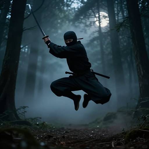 Photograph of a black-clad ninja in a forest, mid-air leap, holding a katana, with mist and moonlight illuminating the scene
