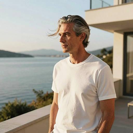 Photograph of a middle-aged man with gray hair in a white t-shirt, standing on a balcony overlooking a calm sea and mountainous landscape, with