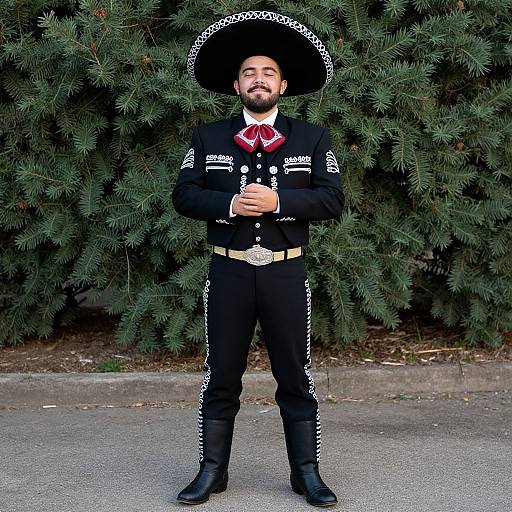 Photograph of a bearded man in traditional Mexican charro suit with black hat, white trim, red neckerchief, standing against evergreen tree