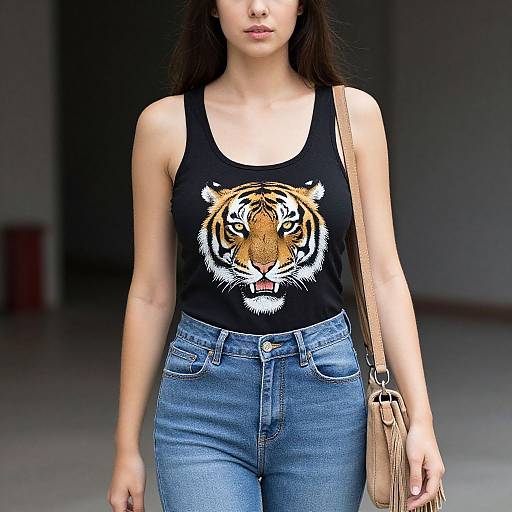 Photograph of a woman with long brown hair, wearing a black tank top with a tiger face print, blue jeans, and a beige shoulder bag,