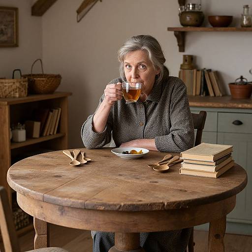 Photograph of an elderly woman with gray hair, wearing a gray knitted robe, sipping tea at a rustic wooden table in a cozy, book