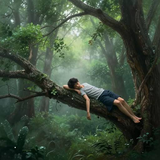 Photograph-style digital art: Young man with curly hair, wearing white tee and black shorts, sleeps on a moss-covered tree branch in a lush,