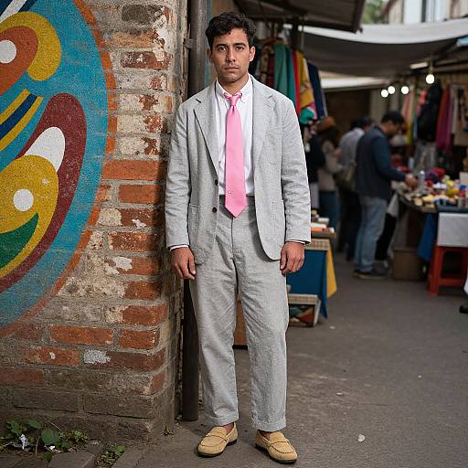 Photograph of a man with dark hair, wearing a light gray suit, white shirt, pink tie, and tan shoes, leaning against a graffiti-covered
