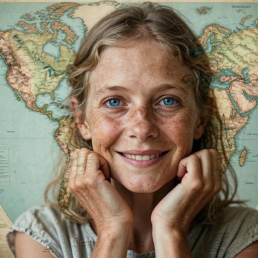 Photograph of a smiling, freckled, blue-eyed woman with light brown hair, hands on cheeks, standing in front of a world map.