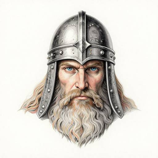 Digital drawing of a stern-faced, blue-eyed elderly Viking warrior with a long white beard, wearing a metallic, riveted helmet.