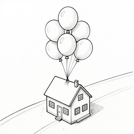 Black and white line drawing of a small house with a chimney, floating balloons attached to its roof, set against a simple background.
