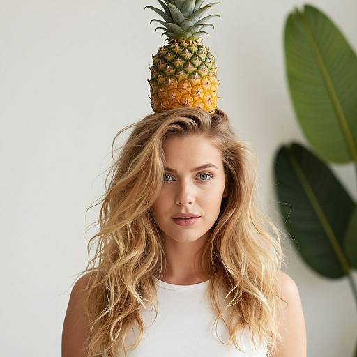 Photograph of a blonde woman with wavy hair wearing a white tank top, with a pineapple on her head, against a white background with large green