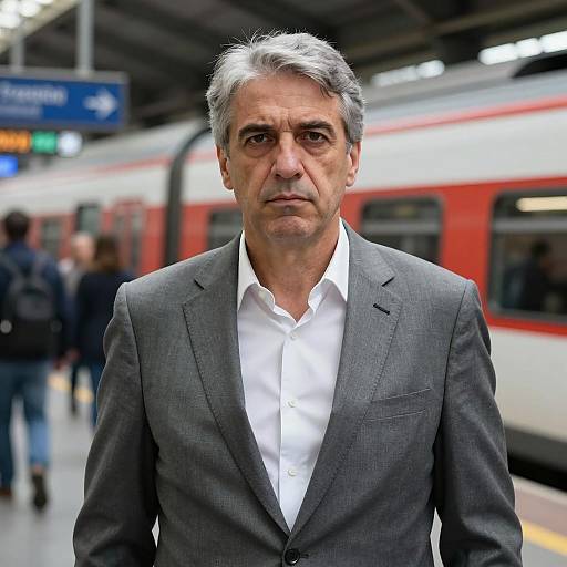 Serious Man in Busy Train Station