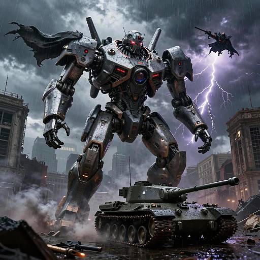 Digital artwork: Massive, armored mecha with red eyes stands on tank in stormy cityscape, lightning bolts striking, buildings damaged. Dark, gritty