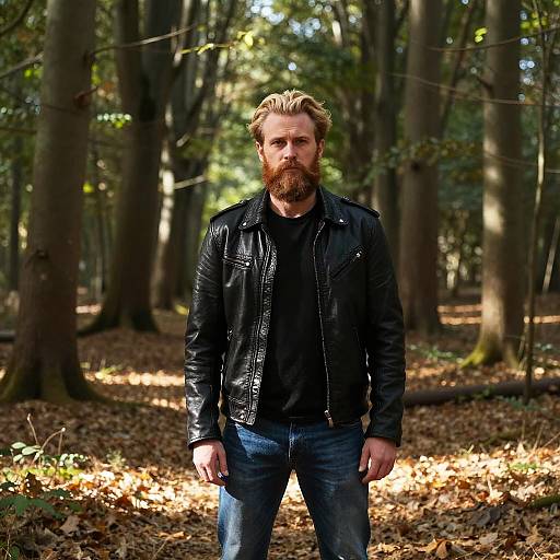 Photograph of a bearded man with blonde hair, wearing a black leather jacket and jeans, standing in a sunlit forest with fallen leaves and tall