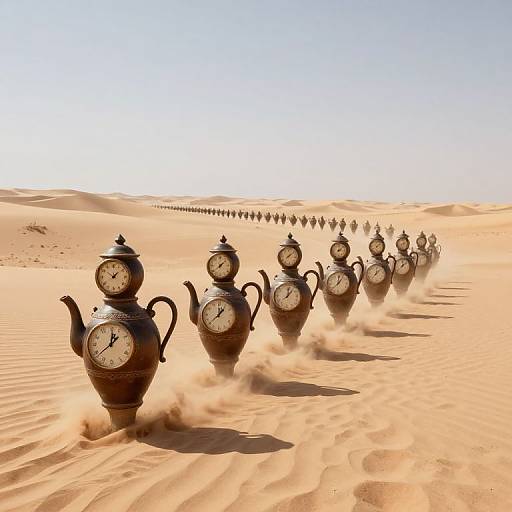 Photograph of a row of antique-style, clock-faced teapots marching through a bright, sunlit, golden desert with rippled sand.