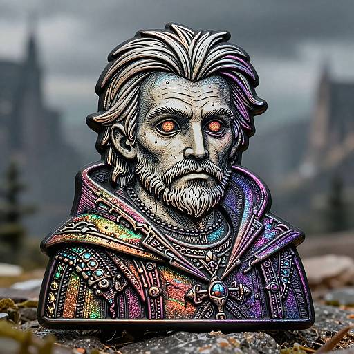 Digital art of a silver, detailed bust with glowing red eyes, wearing a vibrant, iridescent medieval cloak, set against a misty, forest